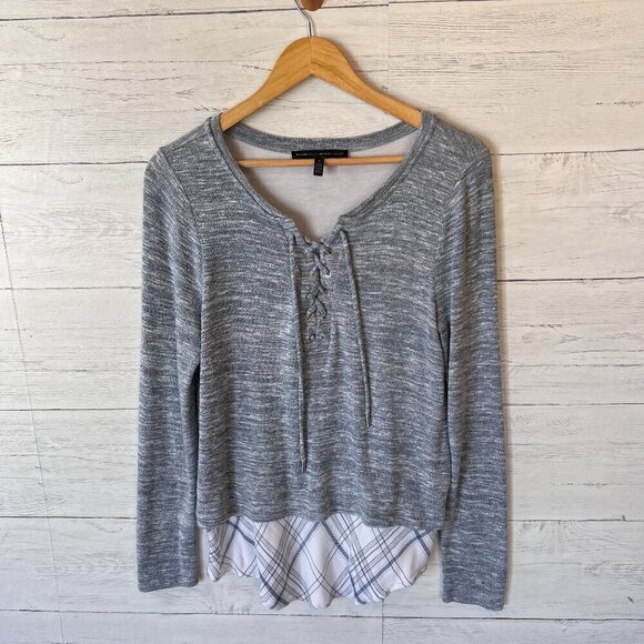 White House Black Market Top Womens Size Medium Petite Plaid Hem Knit Pullover - Picture 5 of 14